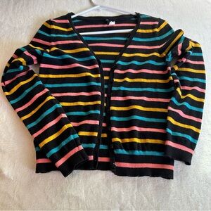 Women’s Black Striped Button-Front Cardigan Sweater Multicolor Sz 8 Retro Style
